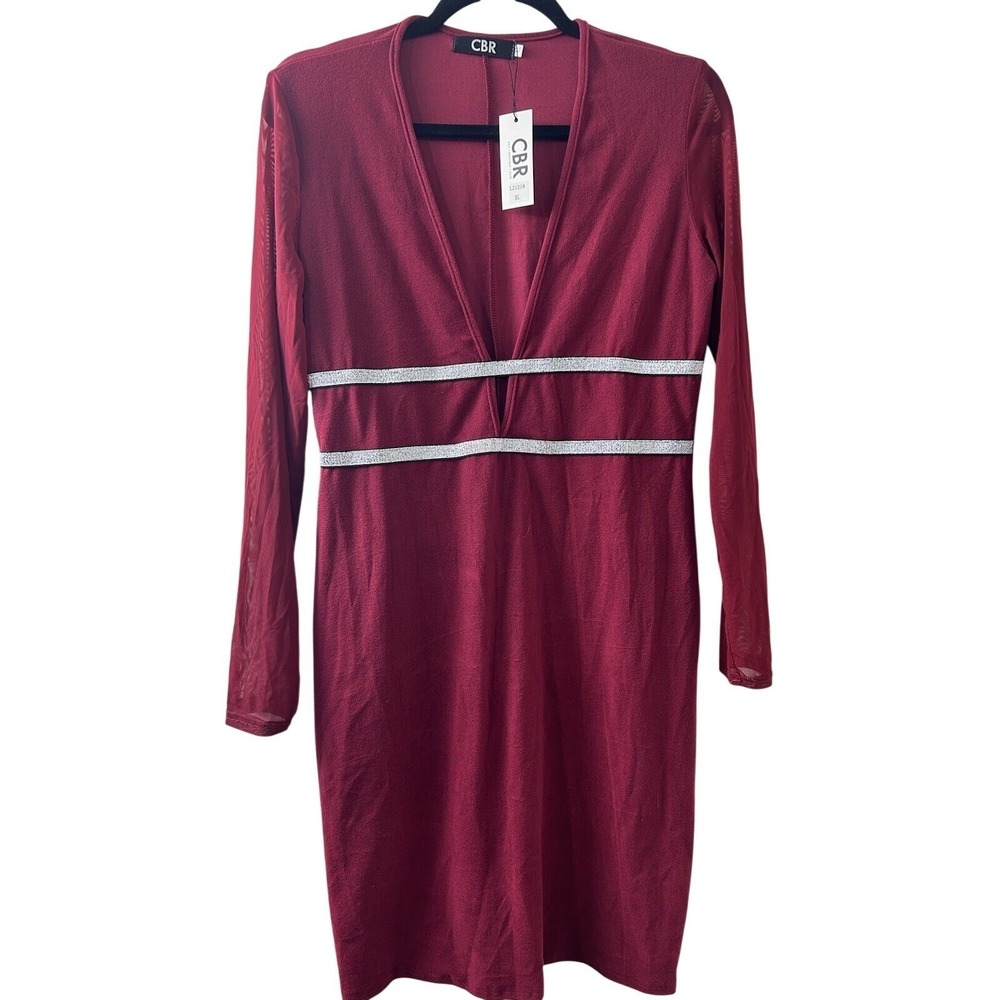 CBR Chic Boutique Rose Burgundy Mesh Sleeve V-Neck Mini Dress XL Red Glitter
